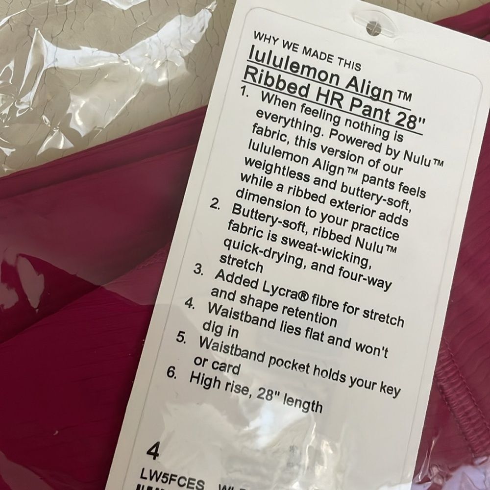 NWT LULULEMON ALIGN RIBBED HIGH RISE PANT 28" WILD BERRY PINK size 4 - Picture 2 of 4